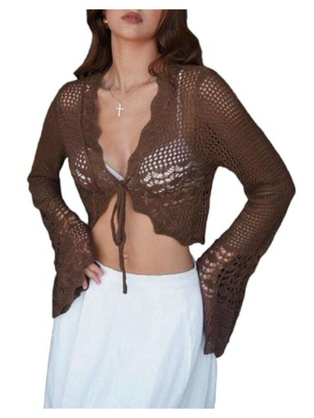 Women's Cropped Cardigan Knit Hollow Out Tie Front Long Sleeve Shrug